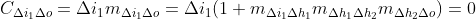 C_{\Delta i_{1}\Delta o}=\Delta i_{1}m_{\Delta i_{1}\Delta o}=\Delta i_{1}(1+m_{\Delta i_{1}\Delta h_{1}}m_{\Delta h_{1}\Delta h_{2}}m_{\Delta h_{2}\Delta o})=0