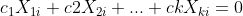 c_1X_{1i}+c2X_{2i}+...+ckX_{ki}=0