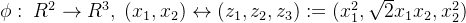 \phi: \; R^2 \rightarrow R^3, \; (x_1,x_2) \leftrightarrow (z_1,z_2,z_3):=(x_1^2,\sqrt{2}x_1x_2,x_2^2)