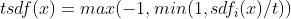 tsdf(x) = max(-1, min(1, sdf_{i}(x)/t))