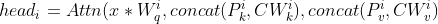 head_{i}=Attn(x*W_{q}^{i} ,concat(P_{k}^{i},CW_{k}^{i}),concat(P_{v}^{i},CW_{v}^{i})