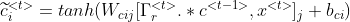 \widetilde{c}^{<t>}_i=tanh(W_{cij}[\Gamma_r^{<t>}.*c^{<t-1>},x^{<t>}]_j+b_{ci})