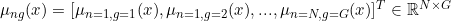 \mu_{ng}(x) = [\mu_{n=1, g=1}(x), \mu_{n=1, g=2}(x), ... , \mu_{n=N, g=G}(x)]^T \in \mathbb{R}^{N \times G}