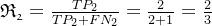 \mathfrak{R_{2}}=\frac{TP_{2}}{TP_{2}+FN_{2}}=\frac{2}{2+1}=\frac{2}{3}