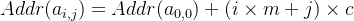 Addr(a_{i,j})=Addr(a_{0,0})+(i\times m+j)\times c