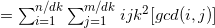 = \sum_{i=1}^{n/dk}\sum_{j=1}^{m/dk}ijk^2[gcd(i,j)]