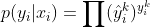 p(y_i|x_i)=\prod (\hat{y}^k_i)^{y_i^k}