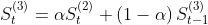 S _{t}^{\left ( 3 \right )}=\alpha S _{t}^{\left ( 2 \right )}+\left ( 1-\alpha \right )S _{t-1}^{\left ( 3 \right )}