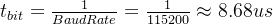 t_{bit}=\frac{1}{Baud Rate}=\frac{1}{115200}\approx 8.68us