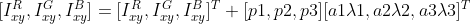 [I_{xy}^{R},I_{xy}^{G},I_{xy}^{B}]=[I_{xy}^{R},I_{xy}^{G},I_{xy}^{B}]^{T}+[p1,p2,p3][a1\lambda 1,a2\lambda 2,a3\lambda 3]^{T}