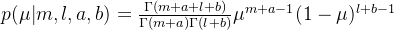 p(\mu|m,l,a,b) = \frac{\Gamma(m+a+l+b)}{\Gamma(m+a)\Gamma(l+b)}\mu^{m+a-1}(1-\mu)^{l+b-1}