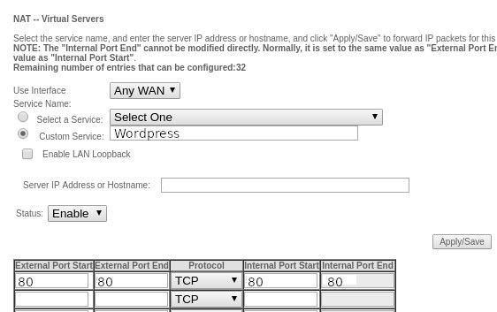 Example router setting screen