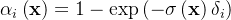 \alpha _i\left( \mathbf{x} \right) =1-\exp \left( -\sigma \left( \mathbf{x} \right) \delta _i \right)