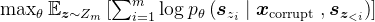 \max _\theta \mathbb{E}_{\boldsymbol{z} \sim Z_m}\left[\sum_{i=1}^m \log p_\theta\left(\boldsymbol{s}_{z_i} \mid \boldsymbol{x}_{\text {corrupt }}, \boldsymbol{s}_{\boldsymbol{z}_{<i}}\right)\right]