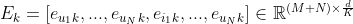 E_{k}=[e_{u_{1}k},...,e_{u_{N}k},e_{i_{1}k},...,e_{u_{N}k}]\in \mathbb{R}^{(M+N)\times \frac{d}{K}}