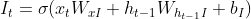 I_{t}=\sigma (x_{t}W_{xI}+h_{t-1}W_{h_{t-1}I}+b_I)