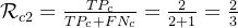 \mathcal{R}_{c2}=\frac{TP_{c}}{TP_{c}+FN_{c}} = \frac{2}{2+1} = \frac{2}{3}