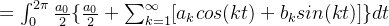 = \int_{0}^{2\pi}\frac{a_0}{2} \{ \frac{a_0}{2} + \sum_{k=1}^{\infty}[a_k cos(kt)+b_k sin(kt)]\}dt