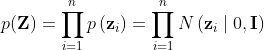 p(\mathbf{Z})=\prod_{i=1}^{n} p\left(\mathbf{z}_{i}\right)=\prod_{i=1}^{n} N\left(\mathbf{z}_{i} \mid 0, \mathbf{I}\right)