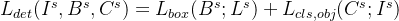 L_{det}(I^{s},B^{s},C^{s}) = L_{box}(B^{s};L^{s})+ L_{cls,obj}(C^{s};I^{s})