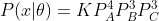 P(x|\theta )=KP_{A}^{4}P_{B}^{3}P_{C}^{3}