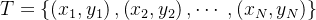 T=\left\{\left(x_{1}, y_{1}\right),\left(x_{2}, y_{2}\right), \cdots\right.,(x_{N}, y_{N})\}