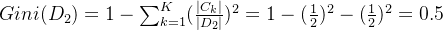 Gini(D_2) = 1 - \sum_{k=1}^{K}(\frac{|C_k|}{|D_2|})^2=1 -(\frac{1}{2})^2-(\frac{1}{2})^2=0.5