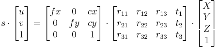 s\cdot \begin{bmatrix} u \\ v \\ 1 \end{bmatrix} = \begin{bmatrix} fx & 0 & cx \\ 0 & fy & cy \\ 0 & 0 & 1 \end{bmatrix} \cdot \begin{bmatrix} r_{11} & r_{12} & r_{13} & t_{1} \\ r_{21} & r_{22} & r_{23} & t_{2} \\ r_{31} & r_{32} & r_{33} & t_{3} \end{bmatrix} \cdot \begin{bmatrix} X \\ Y \\ Z \\ 1 \end{bmatrix}