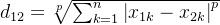 d_{12}=\sqrt[p]{\sum_{k=1}^{n}\left | x_{1k}-x_{2k} \right |^{p}}