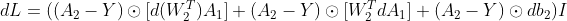 dL = ((A_{2}-Y)\odot [d(W_{2}^{T})A_{1}]+(A_{2}-Y)\odot [ W_{2}^{T}dA_{1}]+ (A_2-Y)\odot db_2) I