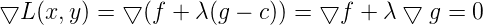 \large \bigtriangledown L(x,y) = \bigtriangledown (f + \lambda (g-c))=\bigtriangledown f + \lambda \bigtriangledown g=0