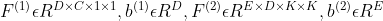 F^{(1)}\epsilon R^{D\times C\times 1\times 1},b^{(1)}\epsilon R^D,F^{(2)}\epsilon R^{E\times D\times K\times K}, b^{(2)}\epsilon R^E