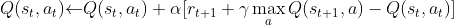 Q(s_t,a_t){\leftarrow}Q(s_t,a_t)+\alpha[r_{t+1}+{\gamma}\mathop{\max}\limits_{a}Q(s_{t+1},a)-Q(s_t,a_t)]