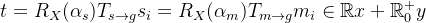 t = R_{X}(\alpha_{s})T_{s \rightarrow g}s_{i}= R_{X}(\alpha_{m})T_{m \rightarrow g}m_{i} \in \mathbb{R}x + \mathbb{R}^{+}_{0}y