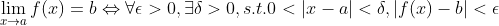 \lim_{x \to a} f(x)=b \Leftrightarrow \forall\epsilon>0,\exists \delta > 0, s.t. 0<\left | x-a \right |<\delta, \left | f(x)-b \right |<\epsilon