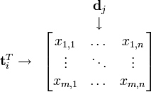 \begin{matrix}  & \textbf{d}_j \\ & \downarrow \\\textbf{t}_i^T \rightarrow &\begin{bmatrix} x_{1,1} & \dots & x_{1,n} \\\vdots & \ddots & \vdots \\x_{m,1} & \dots & x_{m,n} \\\end{bmatrix}\end{matrix}