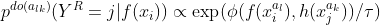 p^{do(a_{lk})}(Y^R=j|f(x_i))\propto \exp(\phi(f(x_i^{a_l}),h(x_j^{a_k}))/\tau)