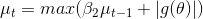 \mu _{t}=max(\beta _{2}\mu _{t-1}+|g(\theta )|)