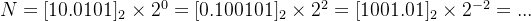 N = [10.0101]_{2} \times 2^{0} = [0.100101]_{2} \times 2^{2} = [1001.01]_{2} \times 2^{-2} =...