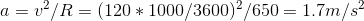 a=v^{2}/R=(120*1000/3600)^{2}/650=1.7m/s^{2}