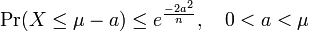 \Pr( X \le \mu-a) \le e^{\frac{-2a^2}{n}}, \quad 0 < a < \mu