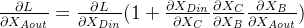 \frac{\partial L}{\partial X_{Aout}} = \frac{\partial L}{\partial X_{Din}} (1+\frac{\partial X_{Din}}{\partial X_C}\frac{\partial X_C}{\partial X_B}\frac{\partial X_B}{\partial X_{Aout}})