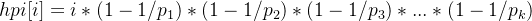 hpi[i] = i * (1-1/p_{1})*(1-1/p_{2})*(1-1/p_{3})*...*(1-1/p_{k})