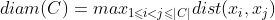 diam(C) = max_{1 \leqslant i < j \leqslant |C|} dist(x_i,x_j)