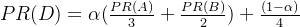 PR(D) = \alpha (\frac{PR(A)}{3} + \frac{PR(B )}{2}) + \frac{(1-\alpha )}{4}