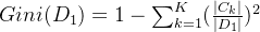 Gini(D_1) = 1-\sum_{k=1}^{K}(\frac{|C_k|}{|D_1|})^2