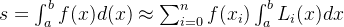 s=\int_{a}^{b}f(x)d(x)\approx \sum_{i=0}^{n}f(x_{i})\int_{a}^{b}L_{i}(x)dx