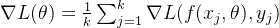 \nabla L(\theta) = \frac{1}{k} \sum_{j=1}^{k} \nabla L(f(x_j, \theta), y_j)