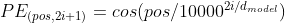 PE_{(pos,2i+1)}=cos(pos/10000^{2i/d_{model}})