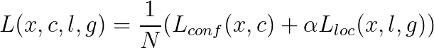 \bg_white L(x,c,l,g)=\frac{1}{N}(L_{conf}(x,c)+\alpha L _{loc}(x,l,g))